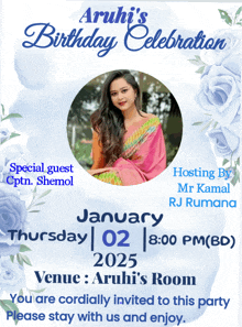 an invitation for aruhi 's birthday celebration shows a woman in a pink saree
