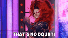 a woman with red hair is dancing and saying that 's no doubt !