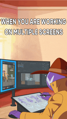 when you are working on multiple screens a cartoon character is drawing