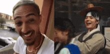 a man with a bandage on his head is smiling next to a woman