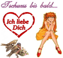 a girl in a yellow dress is sitting next to a heart that says ich liebe dich