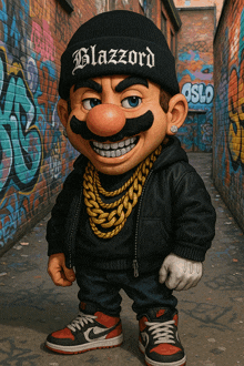a cartoon character is wearing a black beanie that says blazzard