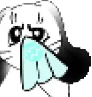 a pixel art of a skeleton holding a blue object in its mouth