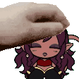 a hand is petting a cartoon character with purple hair and a red top .