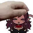 a hand is petting a cartoon character with purple hair and a red top .
