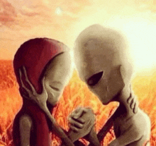 a couple of aliens standing next to each other in a field holding hands .