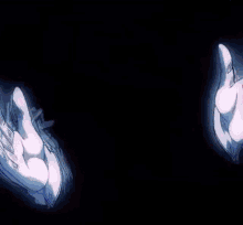a drawing of a person 's hands with glowing fingers on a black background