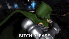 a cartoon character is saying " bitch please " while holding a sword