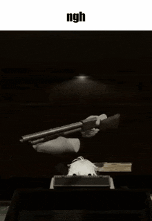 a black and white photo of a person holding a shotgun with the word ngh written above it