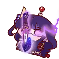 a cartoon drawing of a girl with purple hair holding a purple sword