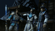 a group of people standing in front of a building in a video game scene