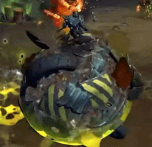 a video game character is sitting on top of a giant turtle .