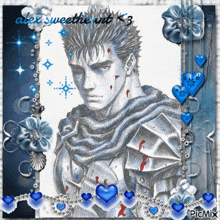 a drawing of a man with a scarf around his neck is surrounded by blue hearts and flowers by alex sweetheart
