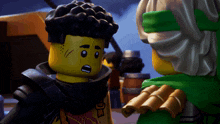 two lego characters are standing next to each other and one of them has a tattoo on his arm