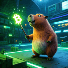 a cartoon capybara is holding a glowing green b sign