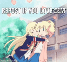 a picture of two anime girls hugging each other with the caption " repost if you love daville "