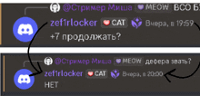 a screenshot of a discord conversation with zef1rlocker and cat