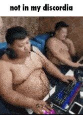 two shirtless men are sitting in front of a computer with the words not in my discordia above them .