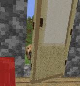 a dog is standing in a doorway in a video game and says me