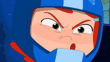 a cartoon character is wearing a blue helmet and making a funny face