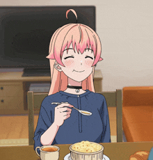 a girl with pink hair is sitting at a table with a cup of tea and a bowl of food