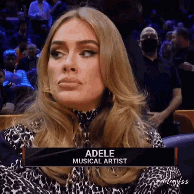 a woman named adele is sitting in a stadium