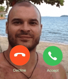 a man with a beard is talking on a phone with decline and accept options