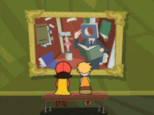 two cartoon characters are looking at a painting of a man reading a book