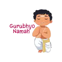 a cartoon illustration of a man praying with the words gurubhyo namah written above him
