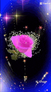 a pink rose is surrounded by stars on a dark background
