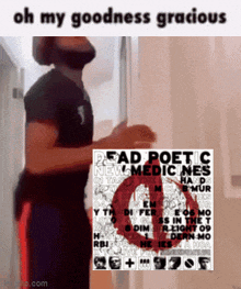 a man is standing in front of a poster that says dead poetics new medicines