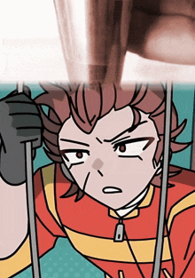 a cartoon of a man in a red and yellow shirt holding a pole