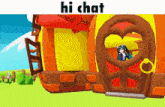 a cartoon drawing of a house with a heart shaped door and the words hi chat above it