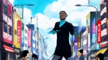 a man in a suit is walking down a city street