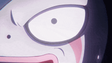a close up of a person 's face with white eyes and a pink mouth