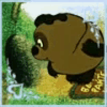 a cartoon bear is standing next to a tree in a forest .