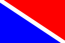 a red and blue triangle with a white diagonal line