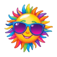 a colorful sun wearing sunglasses is smiling on a white background