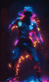 a man in a cowboy hat is dancing with glowing lights behind him