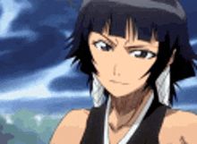 a girl with short black hair is wearing a black tank top