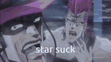 a couple of anime characters standing next to each other with the words `` star suck '' written on the bottom of the image .