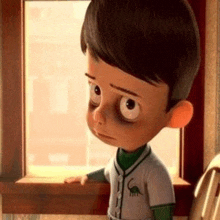 a cartoon boy is looking out of a window and making a sad face .