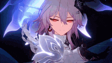 a close up of a girl with purple hair and red eyes