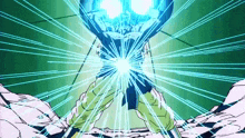 a cartoon character is holding a giant sphere on his shoulders surrounded by rays of light .