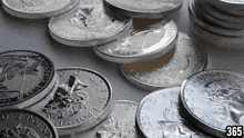 a pile of silver coins with the number 365 on the bottom right