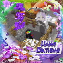 a birthday card with purple flowers and butterflies and the words " happy birthday "