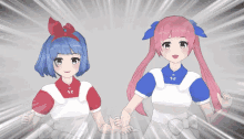 two anime girls are holding hands with one wearing a red and white shirt with the letter e on it