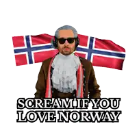 a man in a costume with the words scream if you love norway on the bottom