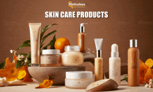 a group of skin care products are displayed on a table with flowers