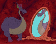 a dragon looking at itself in a mirror
